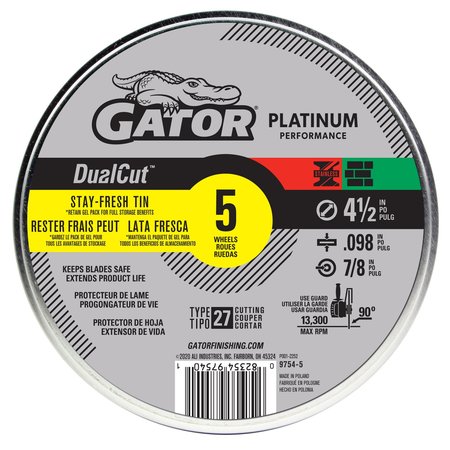 GATOR FINISHING Platinum Performance DualCut Type 27 Metal Cut-Off Wheels, 4.5" x .098" x 7/8" 97545